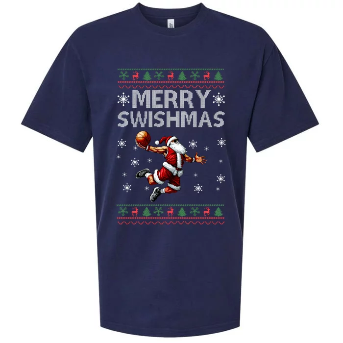 Merry Swishmas Ugly Christmas Basketball Christmas Sueded Cloud Jersey T-Shirt