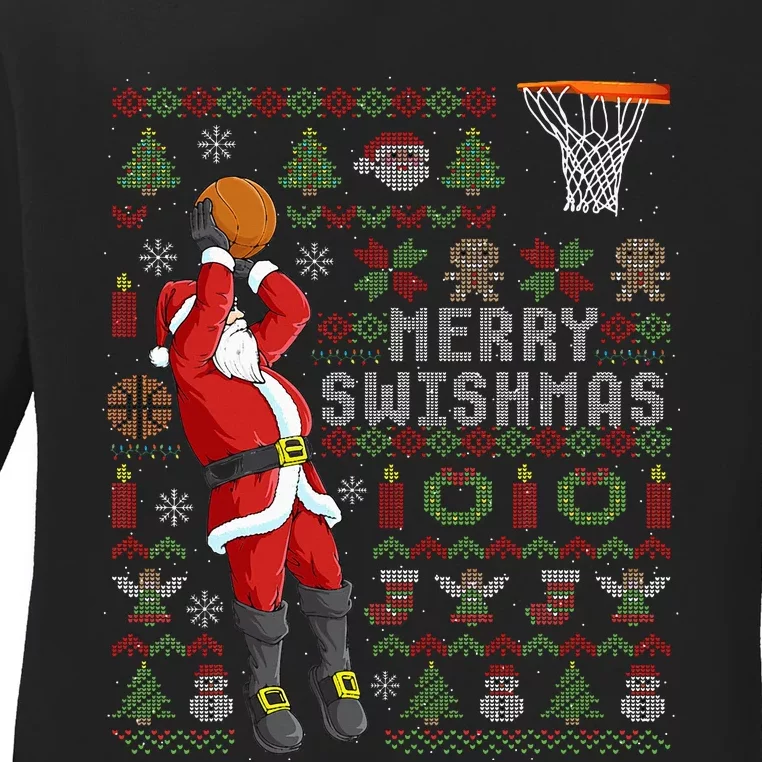 Merry Swishmas Ugly Christmas Basketball Christmas Ladies Long Sleeve Shirt