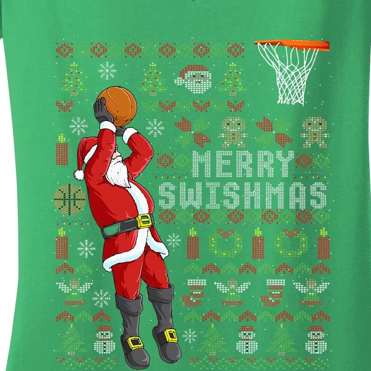 Merry Swishmas Ugly Christmas Basketball Christmas Women's V-Neck T-Shirt