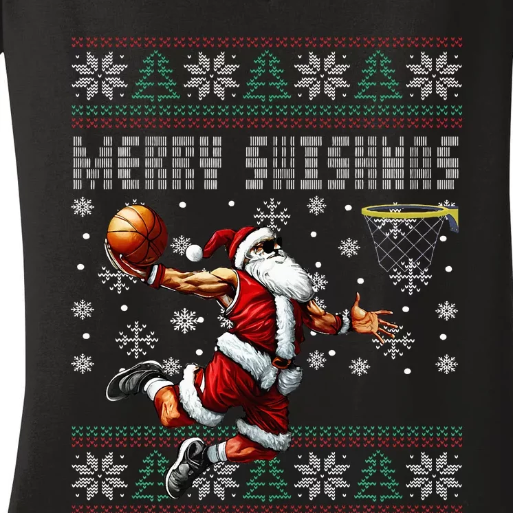 Merry Swishmas Ugly Christmas Basketball Christmas Women's V-Neck T-Shirt