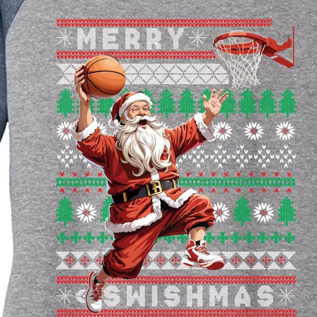 Merry Swishmas Ugly Christmas Basketball Christmas Women's Tri-Blend 3/4-Sleeve Raglan Shirt