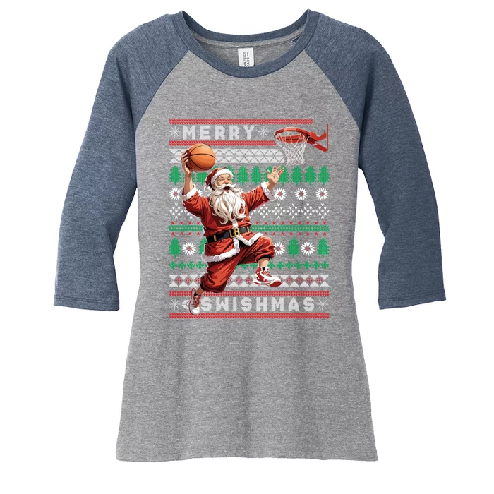 Merry Swishmas Ugly Christmas Basketball Christmas Women's Tri-Blend 3/4-Sleeve Raglan Shirt