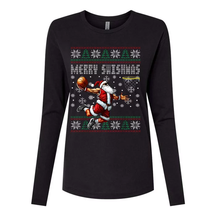 Merry Swishmas Ugly Christmas Basketball Christmas Womens Cotton Relaxed Long Sleeve T-Shirt