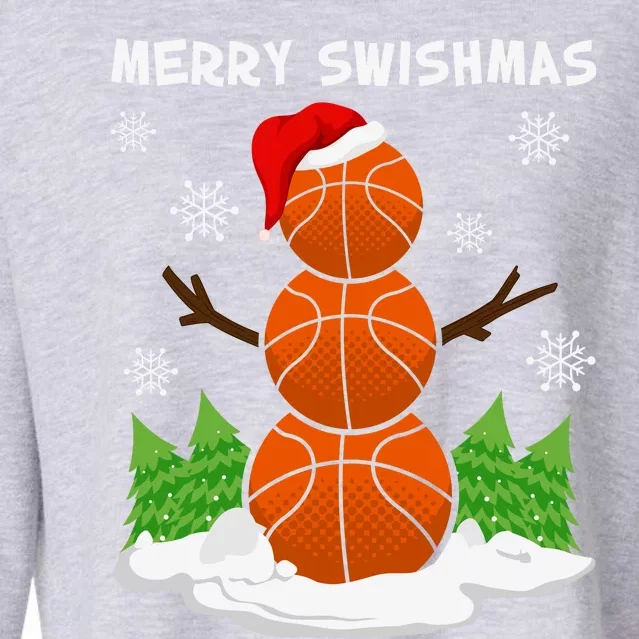 Merry Swishmas Ugly Sweater Basketball Christmas Snowman Basketball Character Cropped Pullover Crew