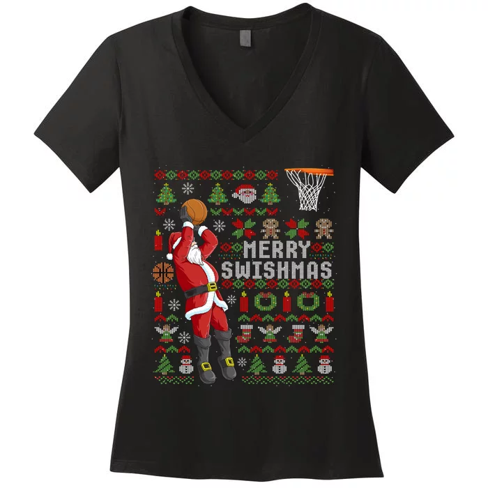 Merry Swishmas Ugly Christmas Basketball Christmas Women's V-Neck T-Shirt