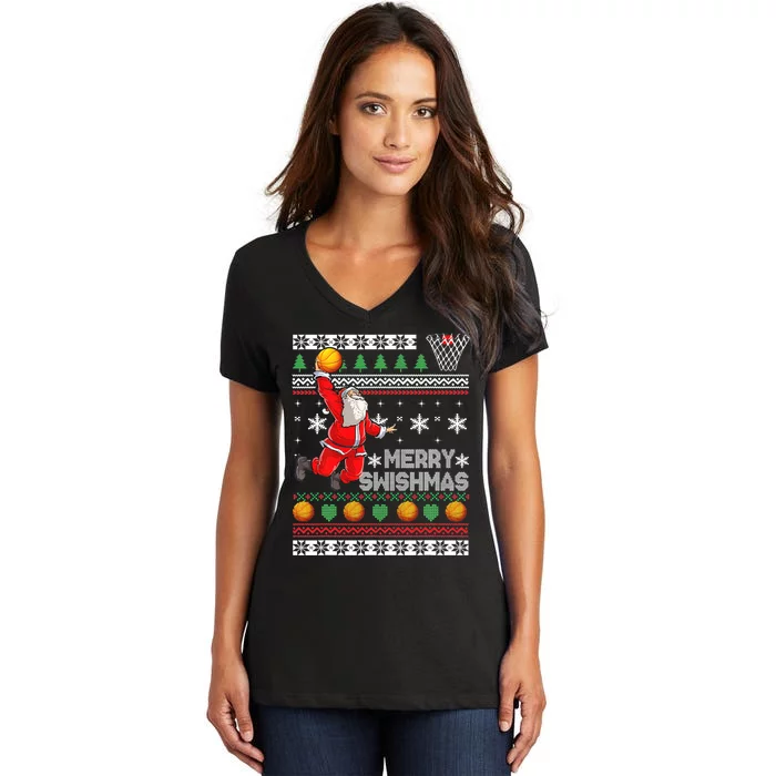 Merry Swishmas Ugly Christmas Basketball Christmas Women's V-Neck T-Shirt