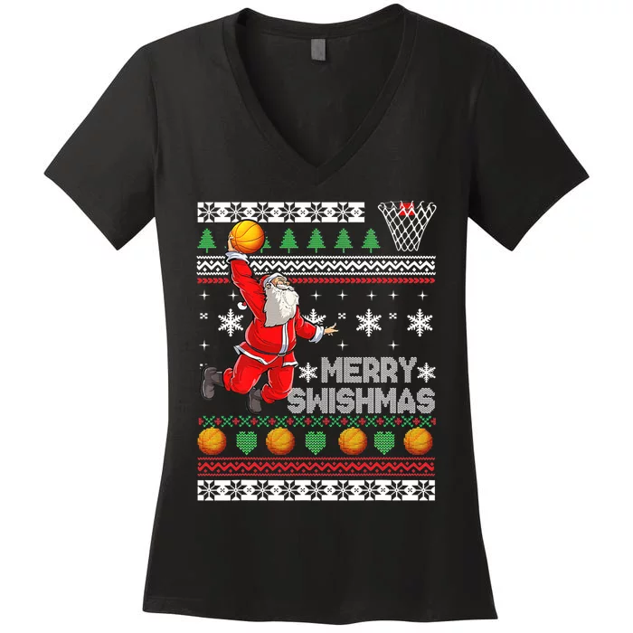 Merry Swishmas Ugly Christmas Basketball Christmas Women's V-Neck T-Shirt