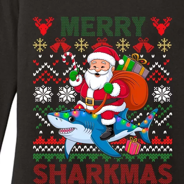 Merry Sharkmas Ugly Christmas Shark Lights Santa Hat Tree Gift Womens CVC Long Sleeve Shirt