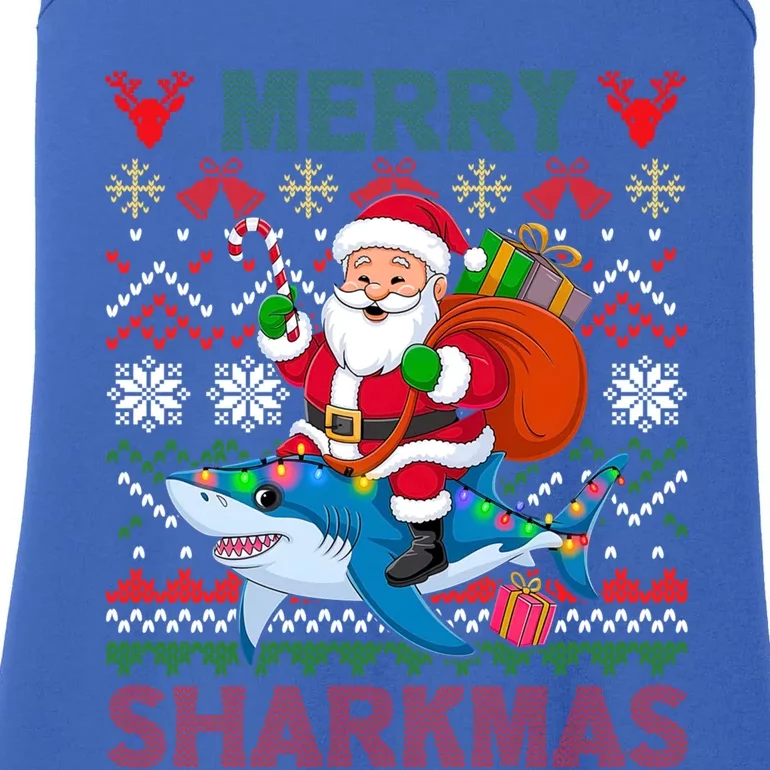 Merry Sharkmas Ugly Christmas Shark Lights Santa Hat Tree Gift Ladies Essential Tank