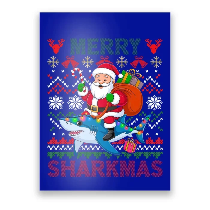 Merry Sharkmas Ugly Christmas Shark Lights Santa Hat Tree Gift Poster