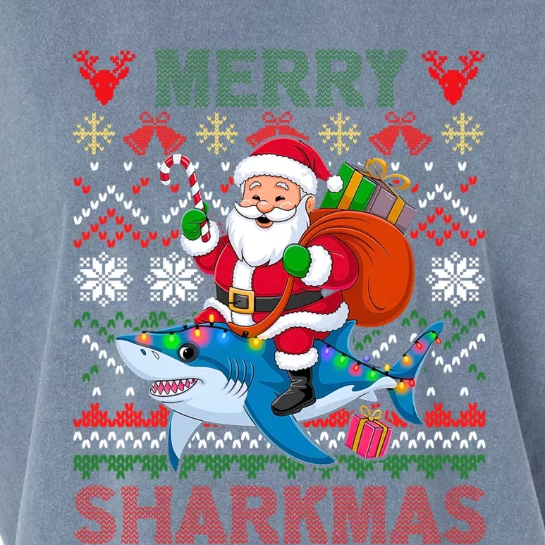 Merry Sharkmas Ugly Christmas Shark Lights Santa Hat Tree Gift Garment-Dyed Women's Muscle Tee