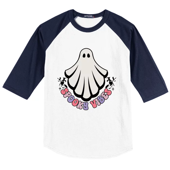 Minimalist “Spooky Vibes” Ghost Design Great Gift Baseball Sleeve Shirt