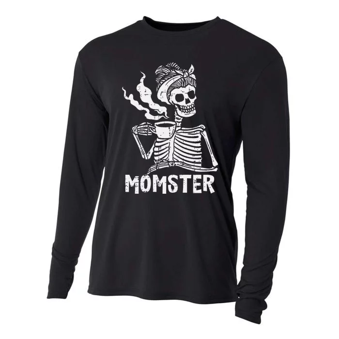 Momster Skeleton Woman Coffee Funny Halloween Mom Mama Women Cooling Performance Long Sleeve Crew