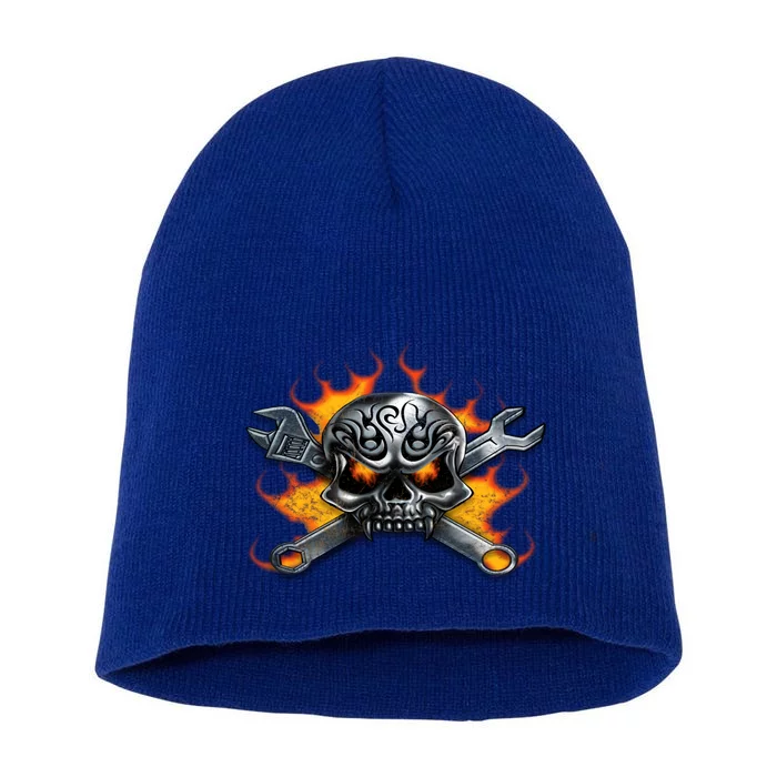 Metal Skull Wrench Flames Mechanic Funny Gift Short Acrylic Beanie