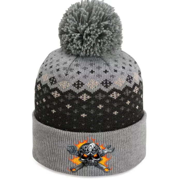 Metal Skull Wrench Flames Mechanic Great Gift The Baniff Cuffed Pom Beanie