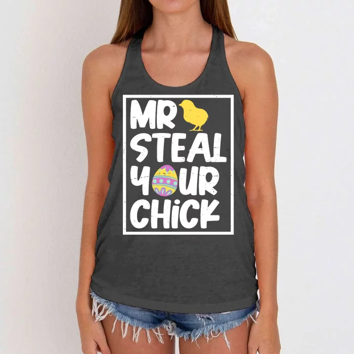 Mr Steal Your Chick Funny Chicken Egg Women's Knotted Racerback Tank