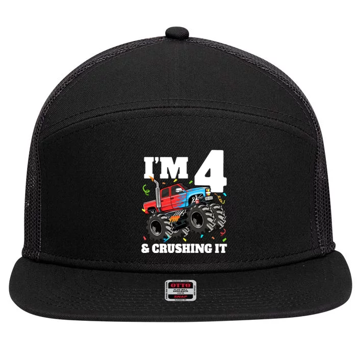 Monster Truck 4th Birthday Boy 4 Four Year Old 7 Panel Mesh Trucker Snapback Hat