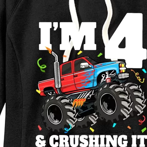 Monster Truck 4th Birthday Boy 4 Four Year Old Women's Fleece Hoodie