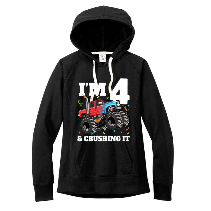 Monster Truck 4th Birthday Boy 4 Four Year Old Women's Fleece Hoodie