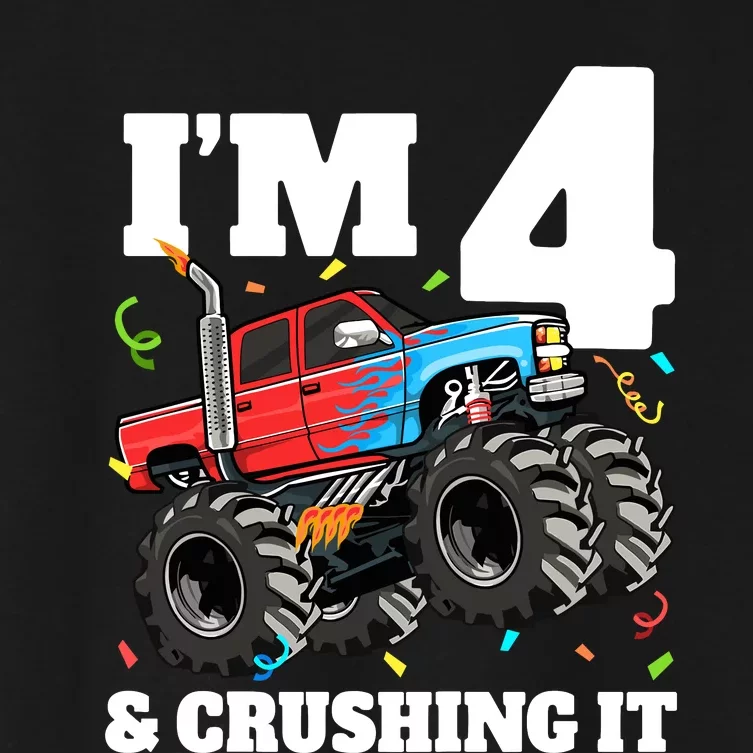 Monster Truck 4th Birthday Boy 4 Four Year Old Women's Crop Top Tee