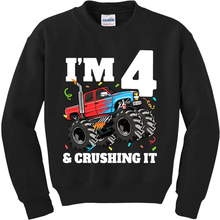 Monster Truck 4th Birthday Boy 4 Four Year Old Kids Sweatshirt