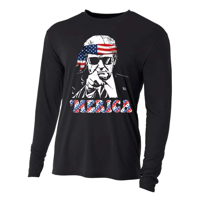 Merica Trump 4th Of July American Flag Festive Cooling Performance Long Sleeve Crew