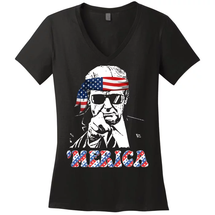 Merica Trump 4th Of July American Flag Festive Women's V-Neck T-Shirt