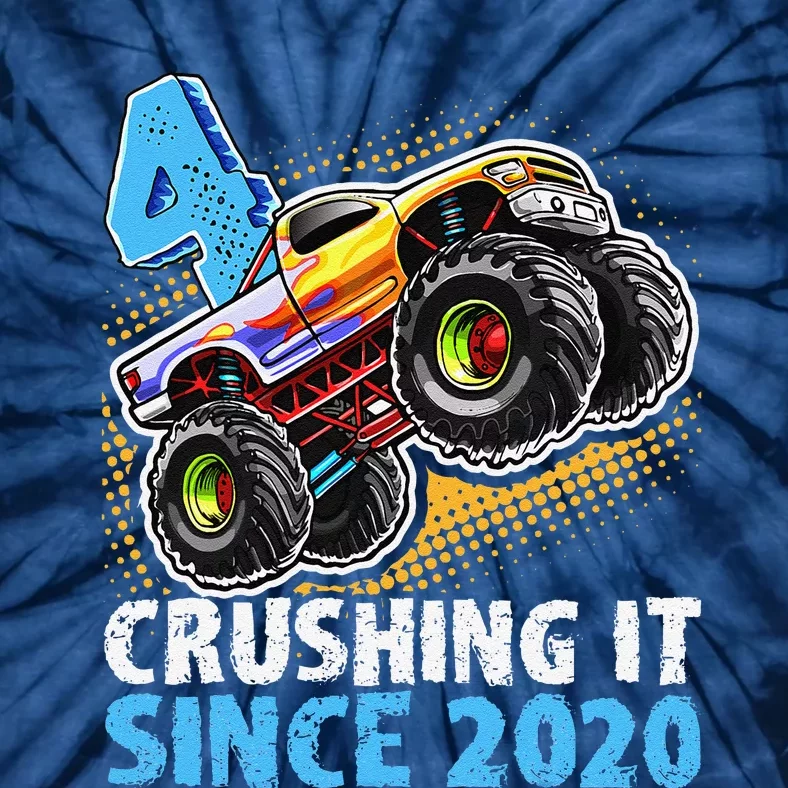 Monster Truck 4 Year Old Boy 4th Birthday Party Born 2020 Tie-Dye T-Shirt