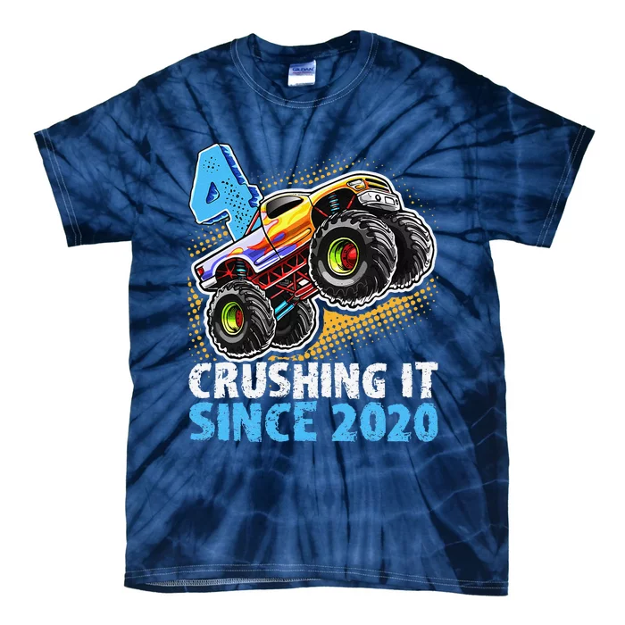 Monster Truck 4 Year Old Boy 4th Birthday Party Born 2020 Tie-Dye T-Shirt