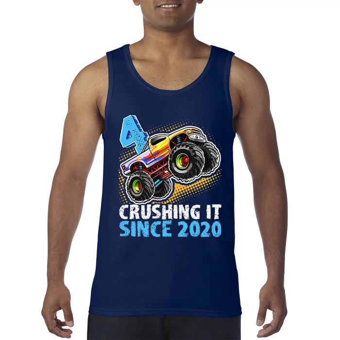 Monster Truck 4 Year Old Boy 4th Birthday Party Born 2020 Tank Top