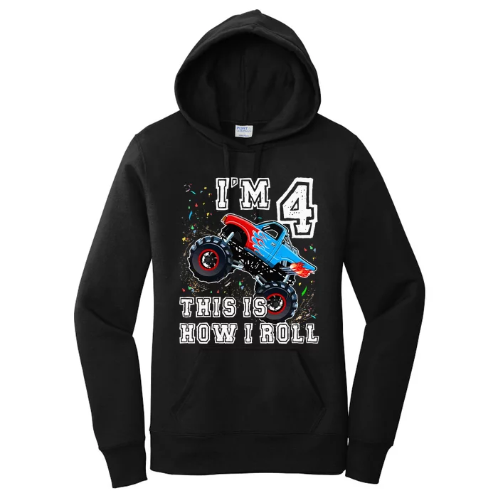 Monster Trucks 4th Birthday Party 4 Years Old Birthday Women's Pullover Hoodie