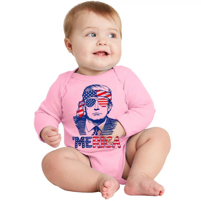 Merica Trump 4th Of July Fun American Flag Design Baby Long Sleeve Bodysuit