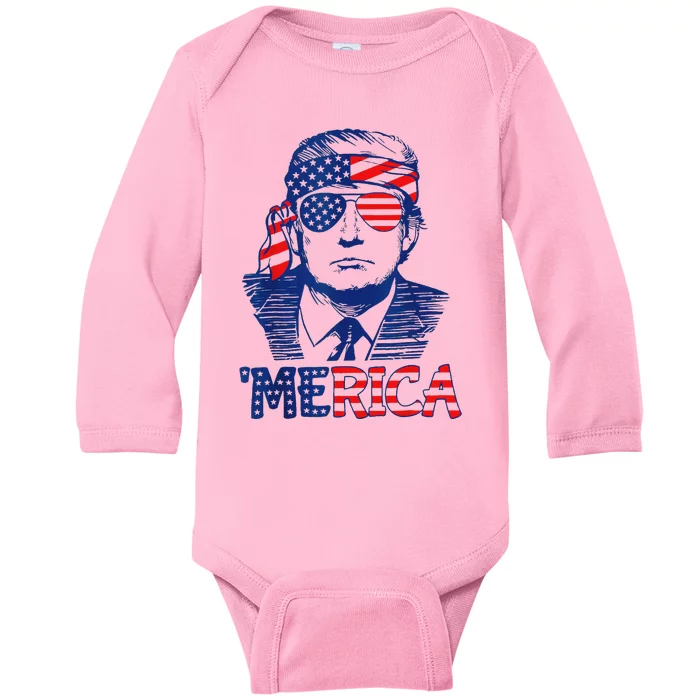 Merica Trump 4th Of July Fun American Flag Design Baby Long Sleeve Bodysuit