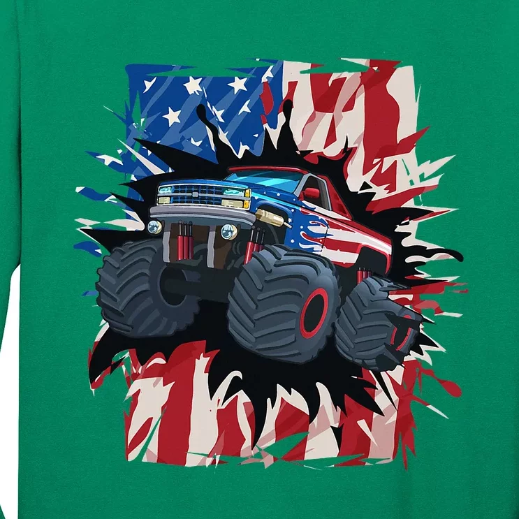 Monster Truck 4th Of July American Flag Usa Long Sleeve Shirt