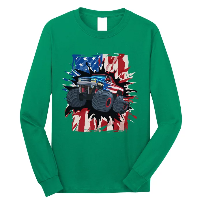 Monster Truck 4th Of July American Flag Usa Long Sleeve Shirt