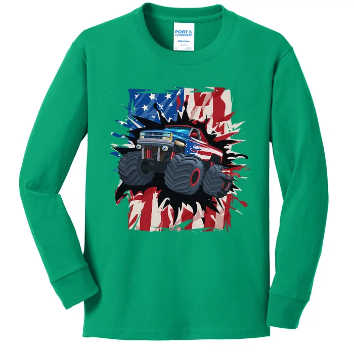 Monster Truck 4th Of July American Flag Usa Kids Long Sleeve Shirt