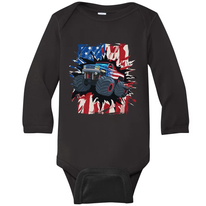 Monster Truck 4th Of July American Flag USA Baby Long Sleeve Bodysuit