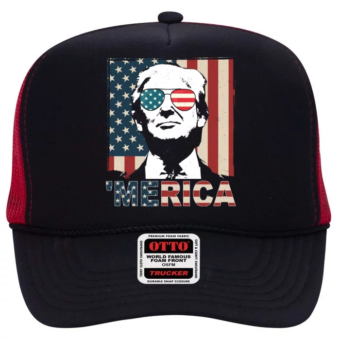 Merica Trump 4th Of July American Flag Republican High Crown Mesh Trucker Hat