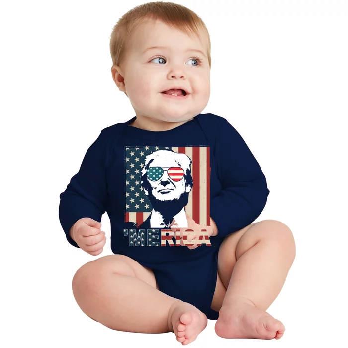 Merica Trump 4th Of July American Flag Republican Baby Long Sleeve Bodysuit