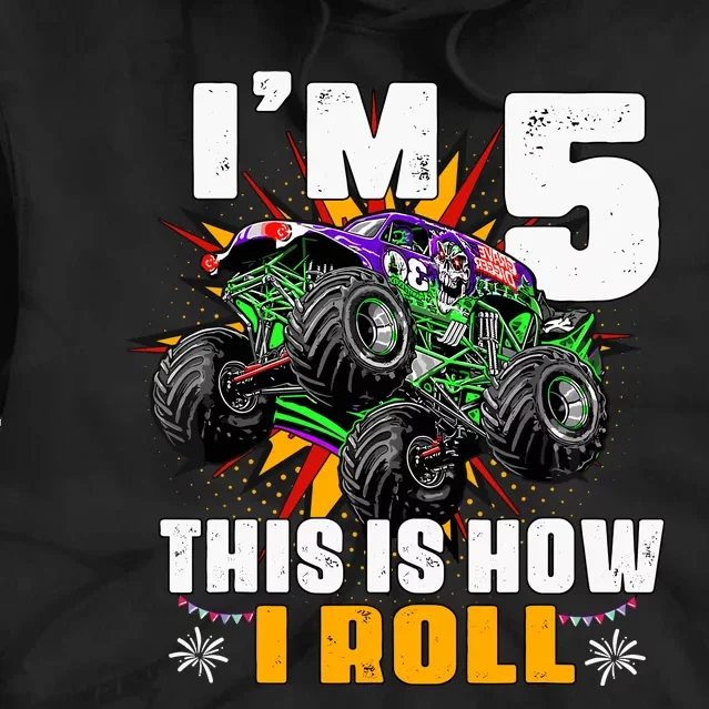 Monster Trucks 5th Birthday Party Five Years Tie Dye Hoodie