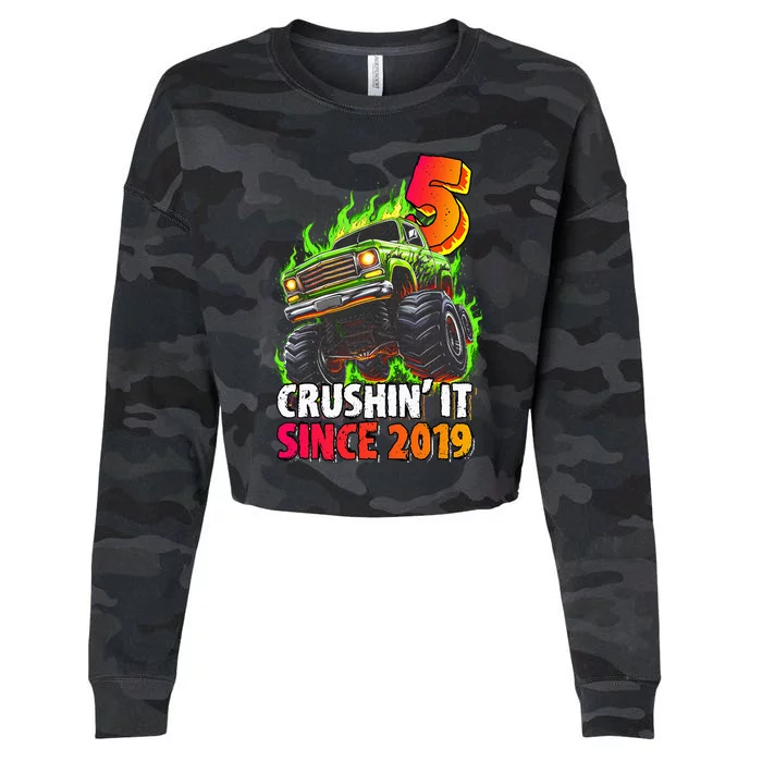 Monster Truck 5 Year Old  5th Birthday Party Born 2019 Cropped Pullover Crew