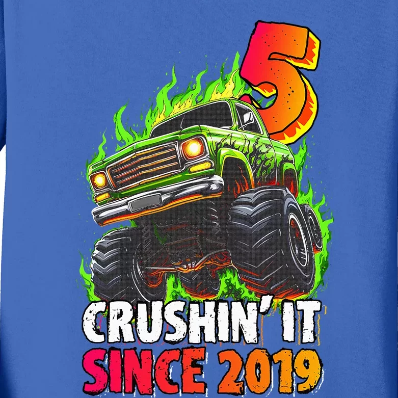 Monster Truck 5 Year Old  5th Birthday Party Born 2019 Kids Long Sleeve Shirt