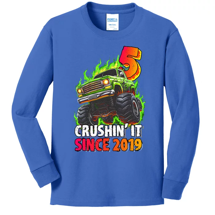 Monster Truck 5 Year Old  5th Birthday Party Born 2019 Kids Long Sleeve Shirt