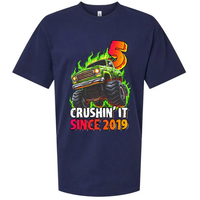 Monster Truck 5 Year Old  5th Birthday Party Born 2019 Sueded Cloud Jersey T-Shirt