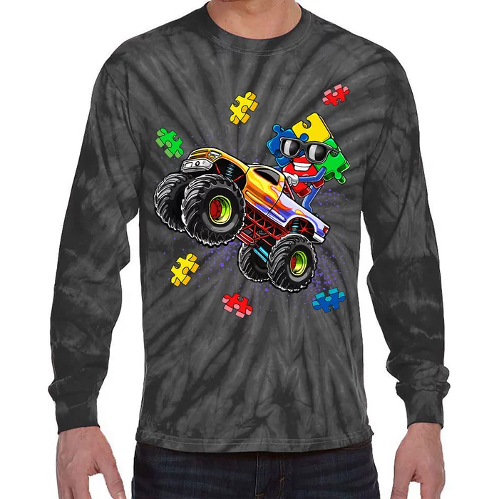 Monster Truck Autism Awareness Puzzle Piece Tie-Dye Long Sleeve Shirt