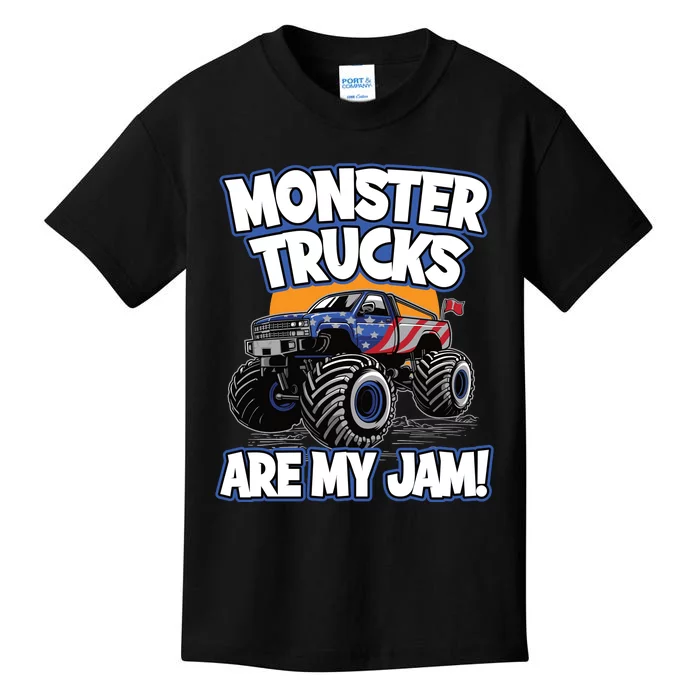 Monster Trucks Are My Jam | American Flag Monster Truck Kids T-Shirt