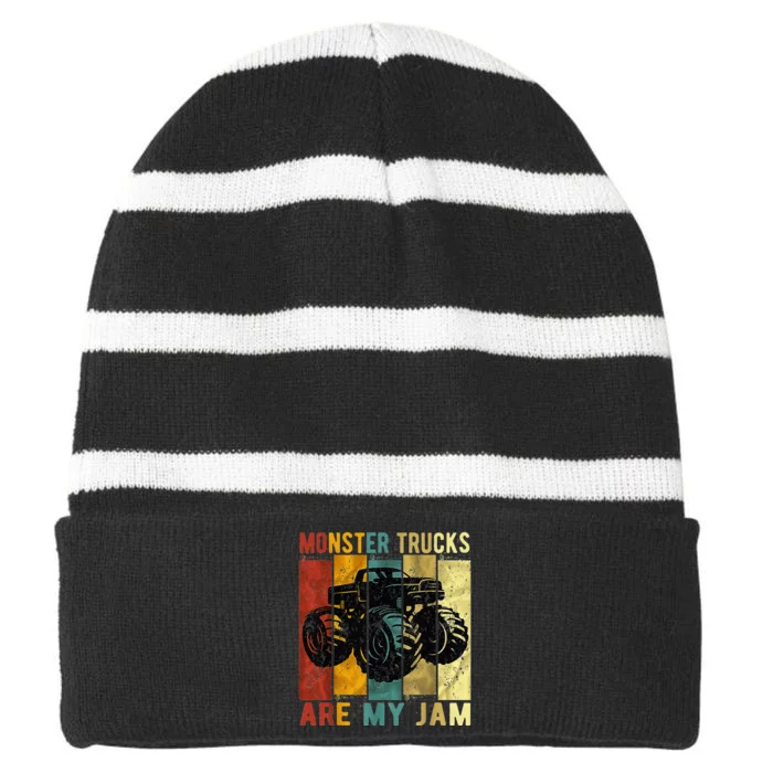 Monster Trucks Are My Jam Vintage Retro Monster Truck Striped Beanie with Solid Band