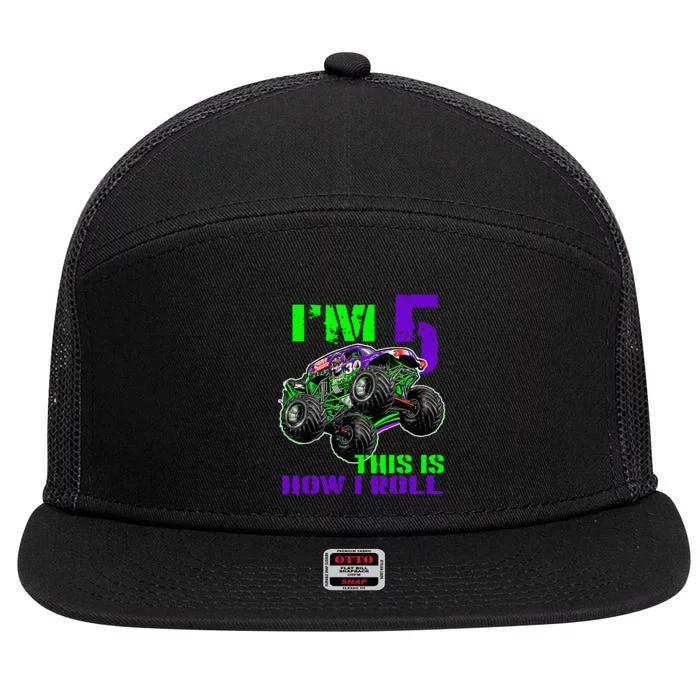 Monster Trucks Are My Jam 5th Birthday Boy 5 Years Old Bday 7 Panel Mesh Trucker Snapback Hat