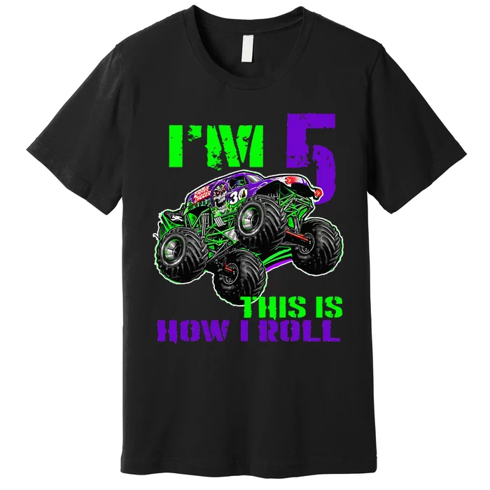 Monster Trucks Are My Jam 5th Birthday Boy 5 Years Old Bday Premium T-Shirt