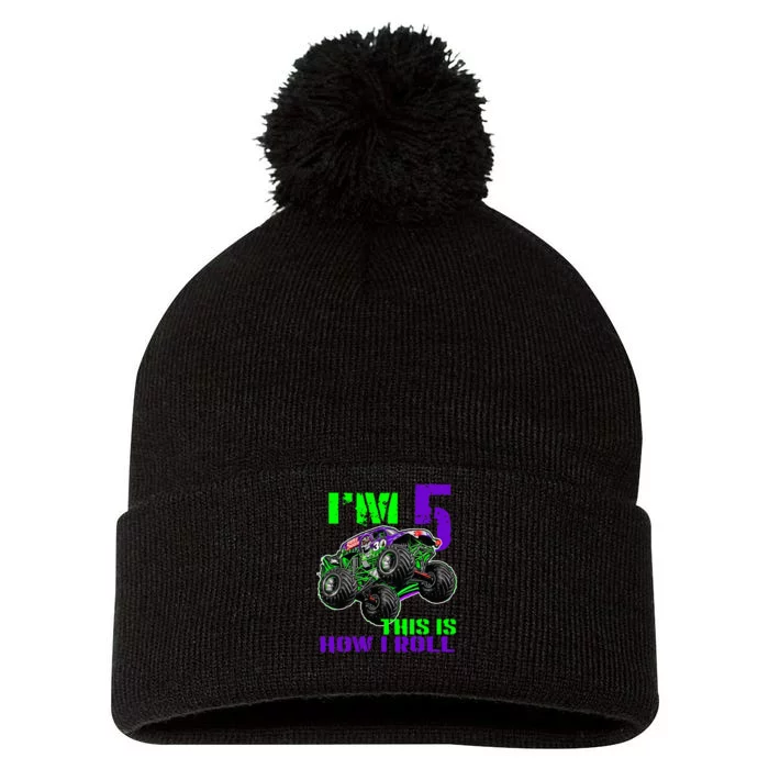 Monster Trucks Are My Jam 5th Birthday Boy 5 Years Old Bday Pom Pom 12in Knit Beanie